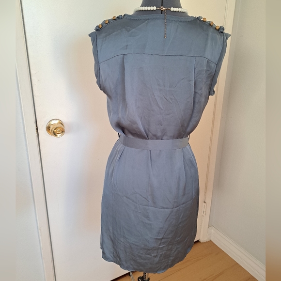 Dusky BLUE Tie Waist Shift Dress Silky Stylized Buttons Midi Love 21 Size SMALL - Picture 9 of 13